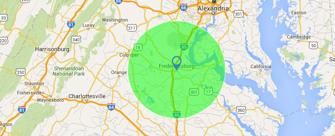 Map showing service radius around Fredericksburg, Virginia